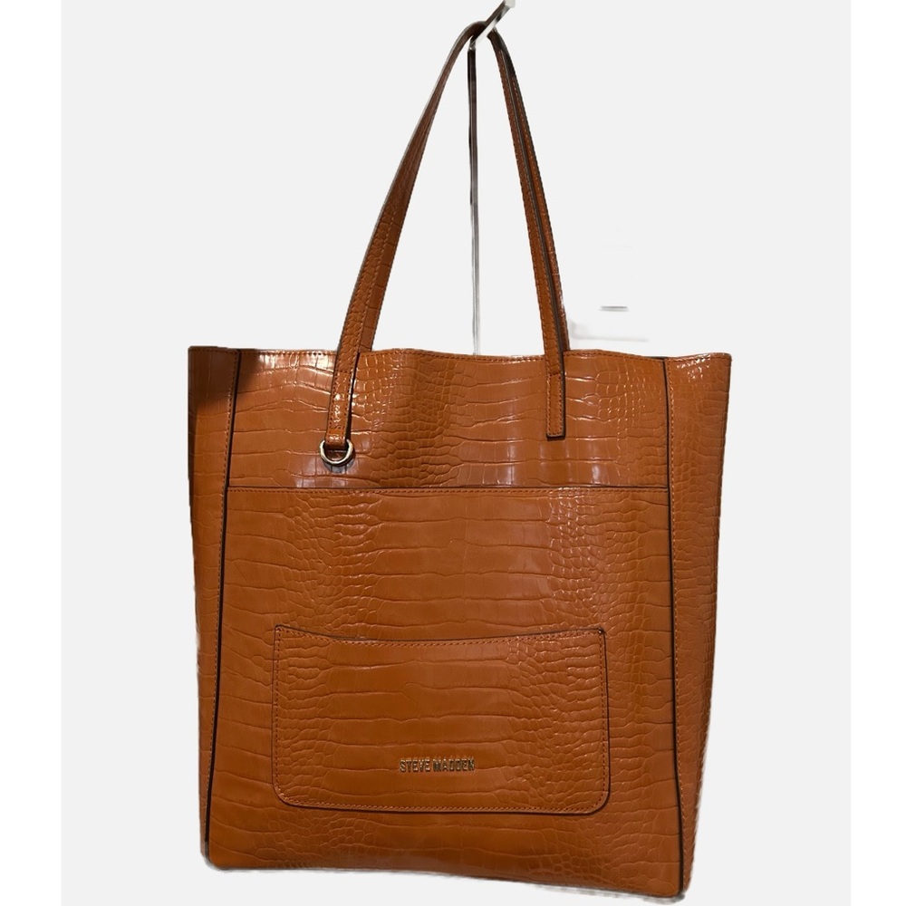 Steve Madden Kimmy multi pouch croco embossed faux leather tan tote.